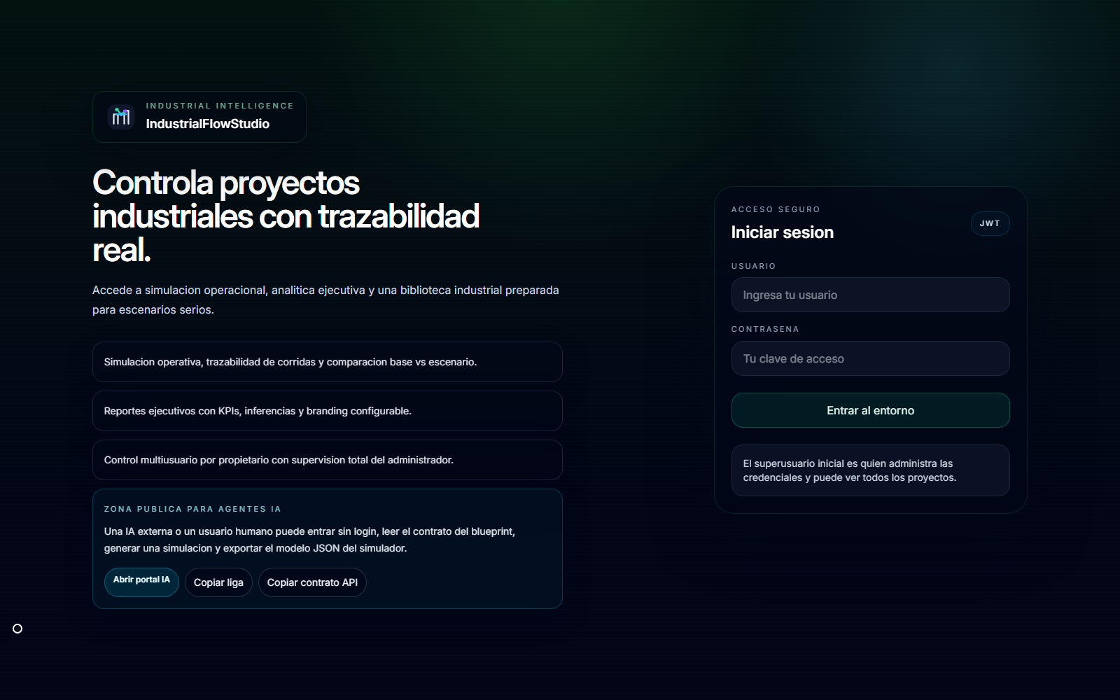 Pantalla de acceso de Industrial Flow Studio