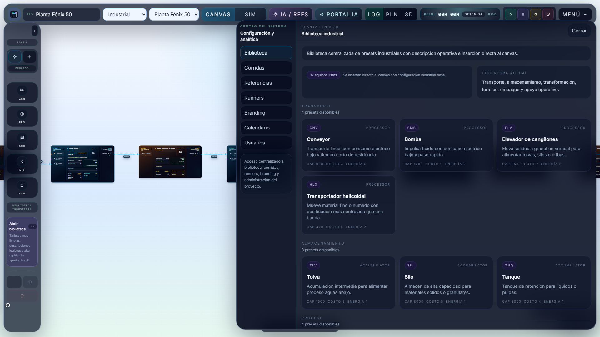 Biblioteca industrial con presets de transporte, almacenamiento y proceso